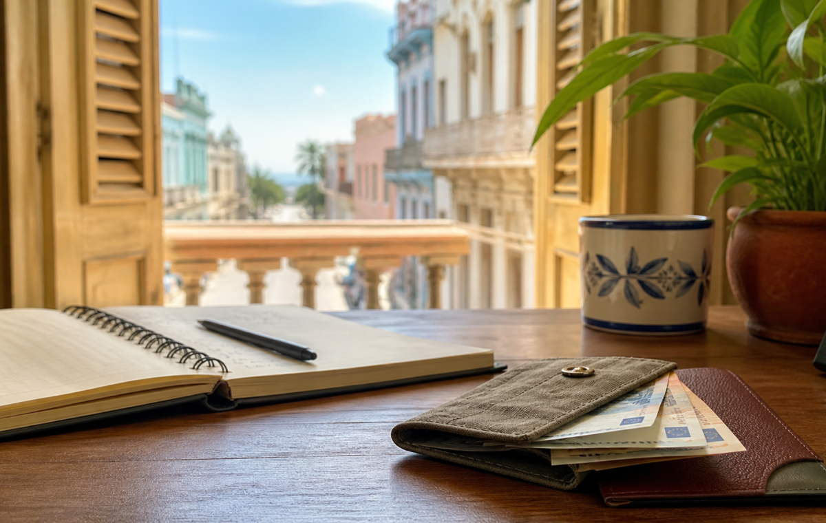 Portefeuille de voyage, carnet et euros dans une casa à Cuba