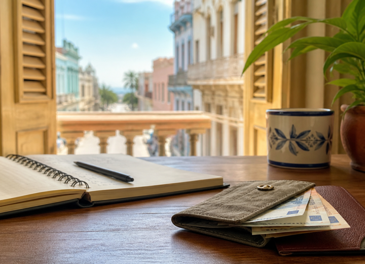 Portefeuille de voyage, carnet et euros dans une casa à Cuba