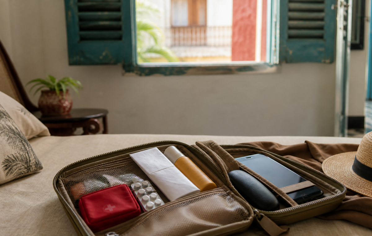 Trousse de voyage et documents préparés dans une chambre cubaine