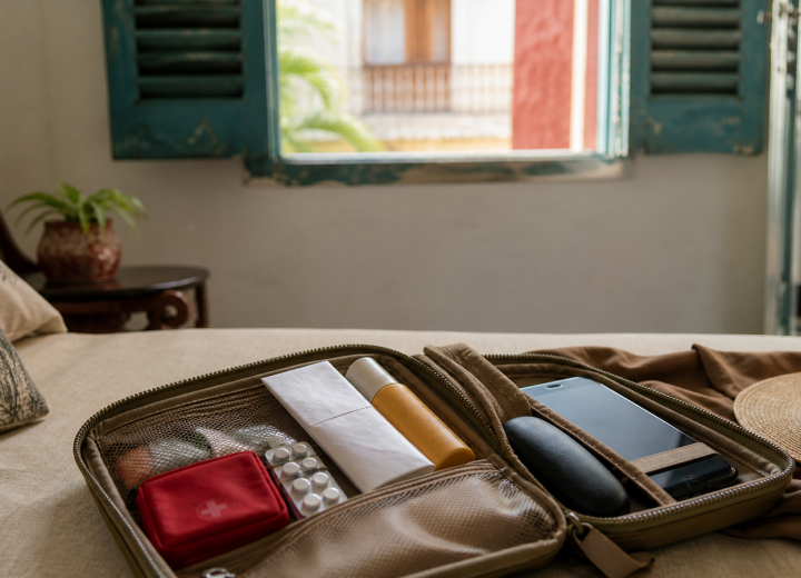 Trousse de voyage et documents préparés dans une chambre cubaine