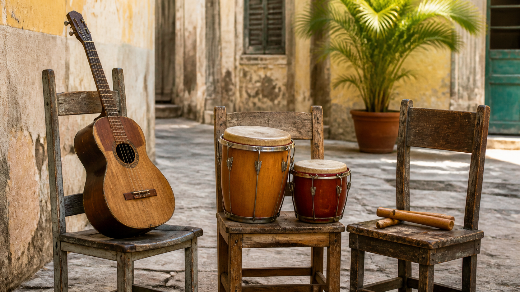 Instruments et percussions prêts pour une soirée de musique à Cuba