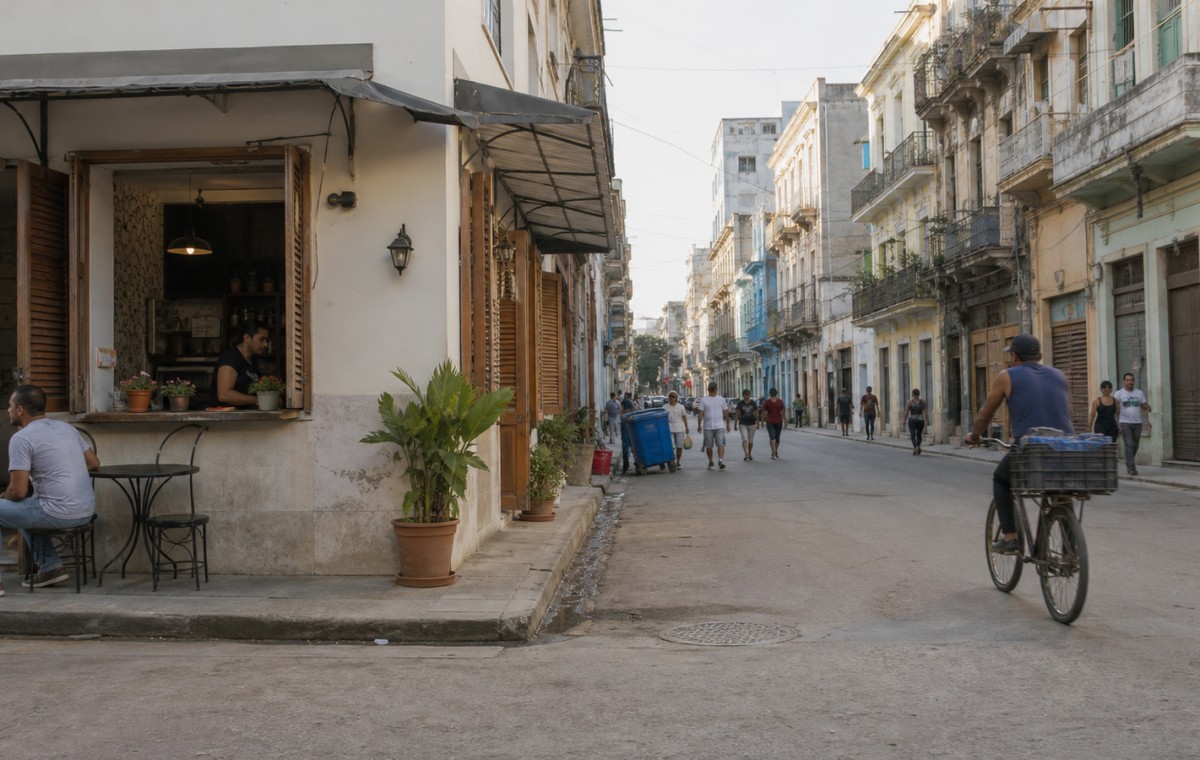 Rue de La Havane avec un café de quartier et des passants