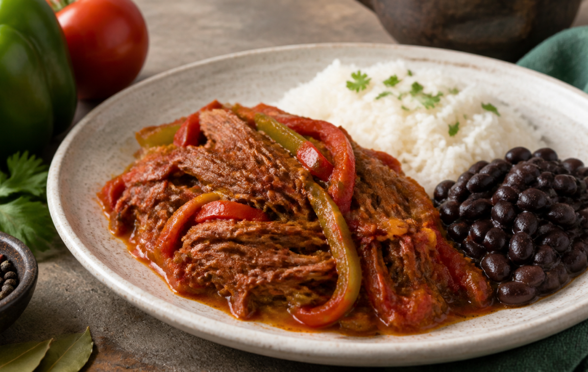 Assiette de ropa vieja cubaine avec riz et haricots noirs