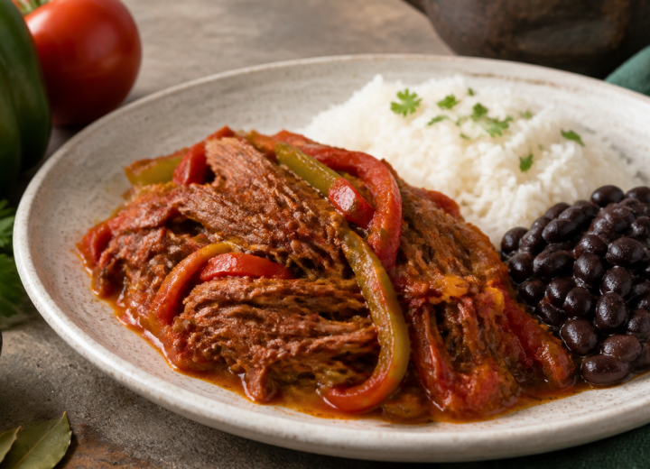 Assiette de ropa vieja cubaine avec riz et haricots noirs