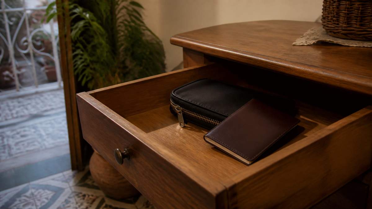 Pochette de voyage et passeport rangés dans un tiroir fermé