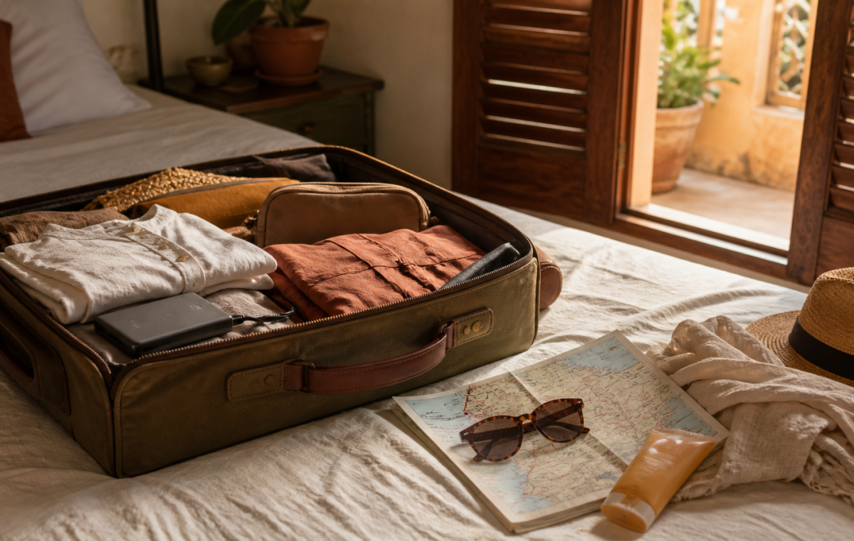 Sac de voyage prêt pour un séjour sous les tropiques