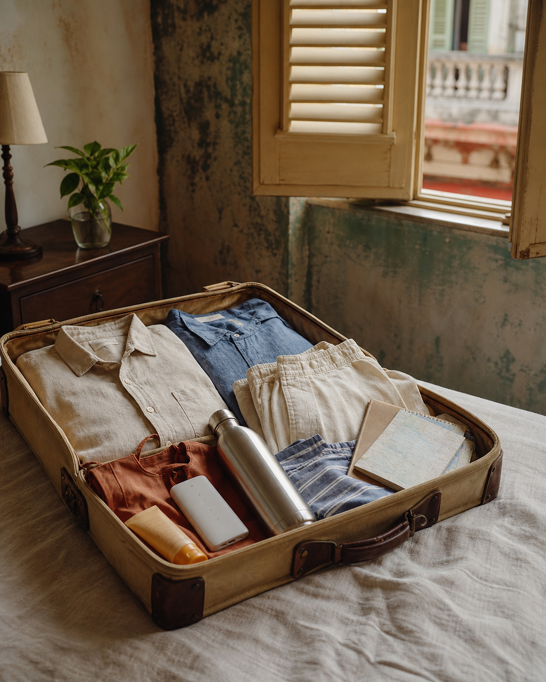 Valise ouverte avec vêtements légers et accessoires utiles pour Cuba